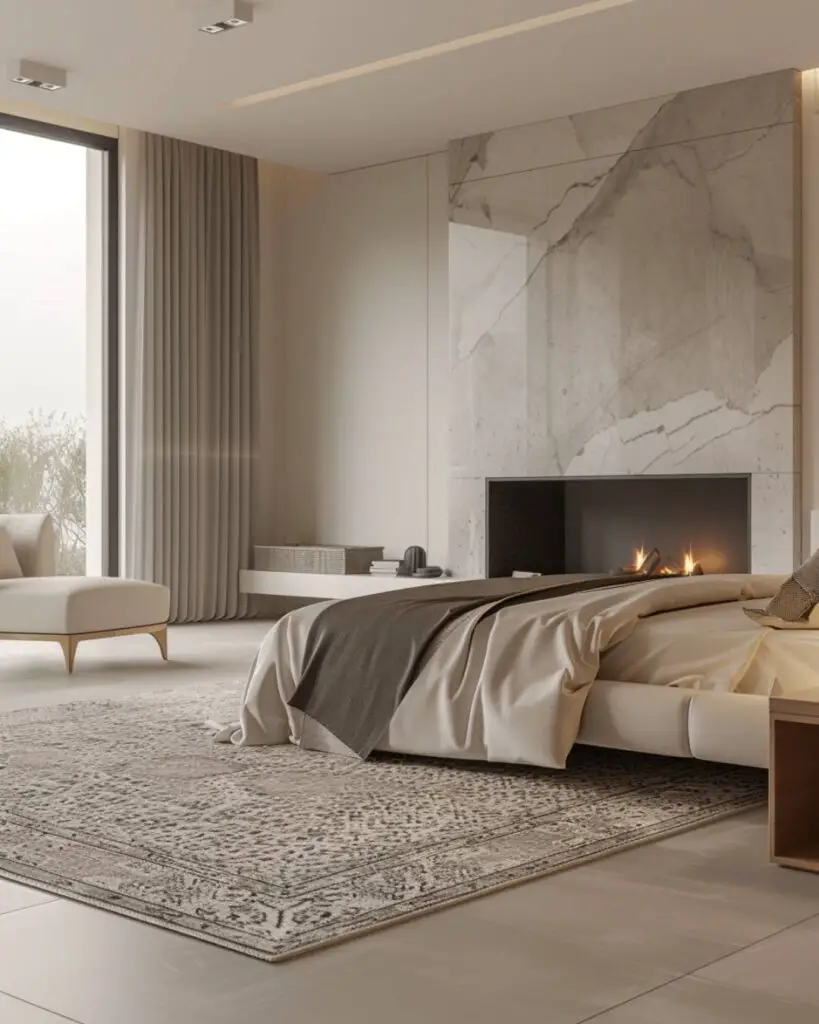 Modern bedroom features stone fireplace and abundant light.