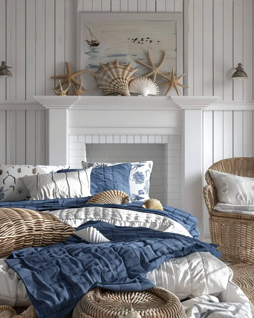 Ocean bedroom invites near stone fireplace and scenery.