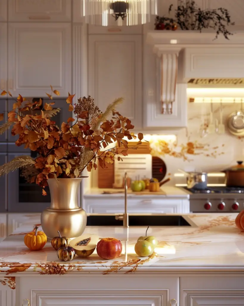 A kitchen island decorated with fruits, vegetables, gourds and pumpkins.
