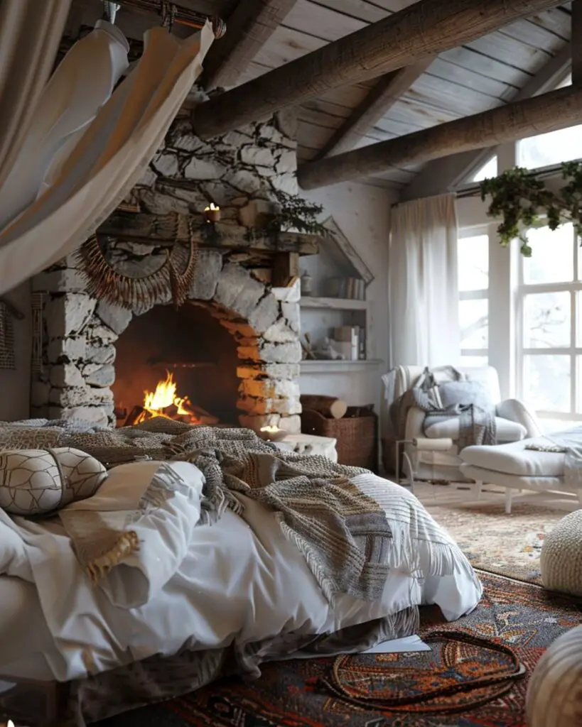 Cozy bedroom invites rest by stone fireplace and book nook.