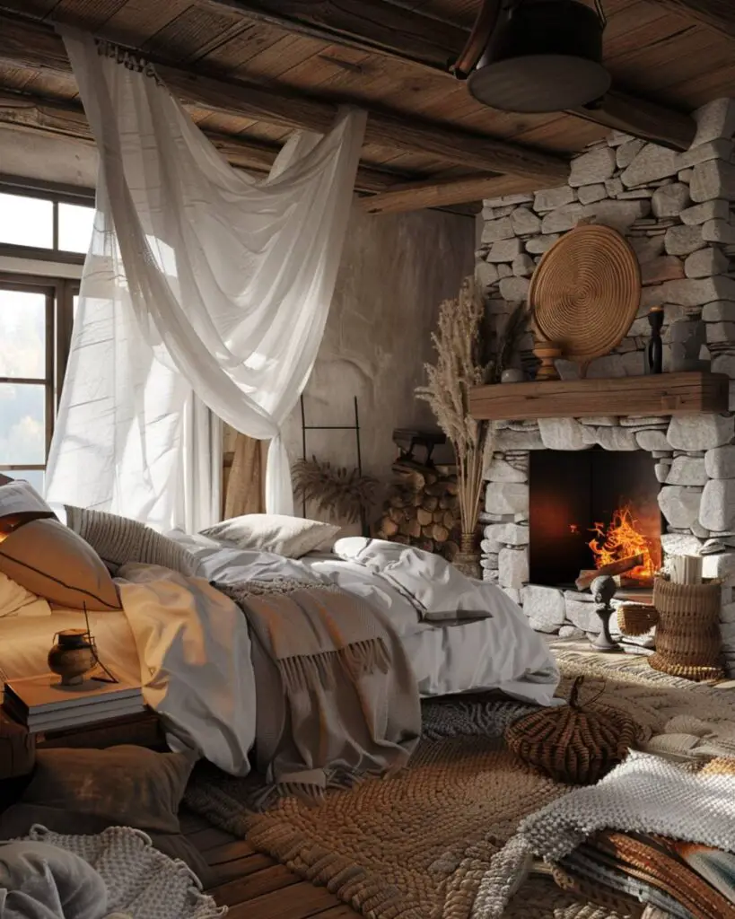 Cozy bedroom invites near stone fireplace and window views.