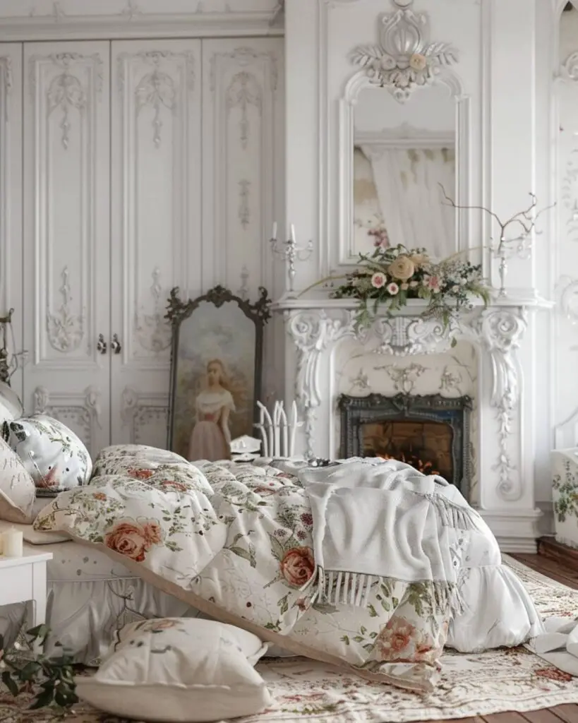 Bright bedroom invites near stone hearth and floral bedding.