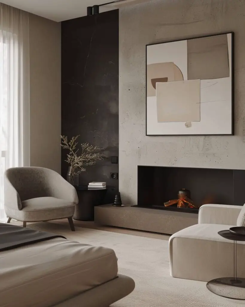Modern fireplace bedroom invites with stone hearth and light.