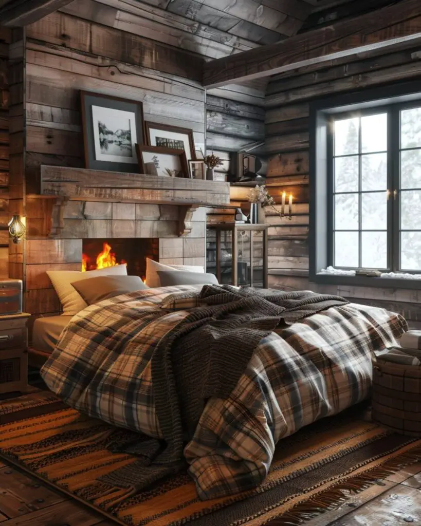 Tranquil bedroom invites near stone hearth and window scenery.