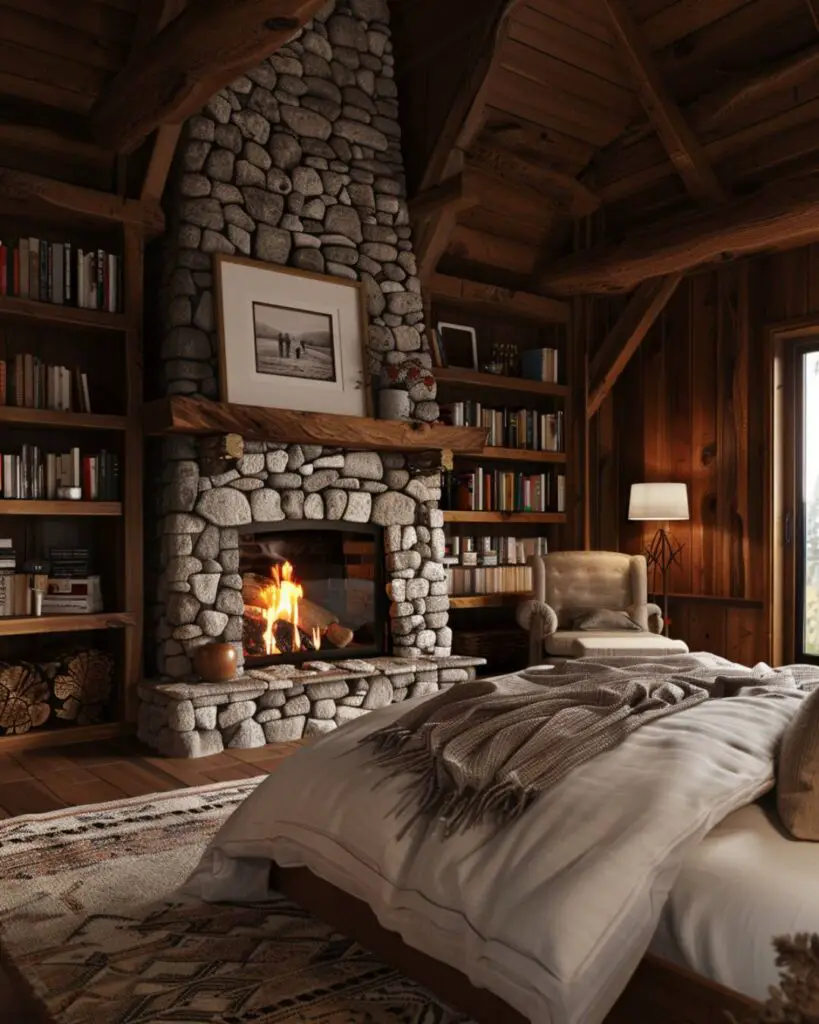 A rustic fireplace warms a wooden bedroom filled with books and furniture