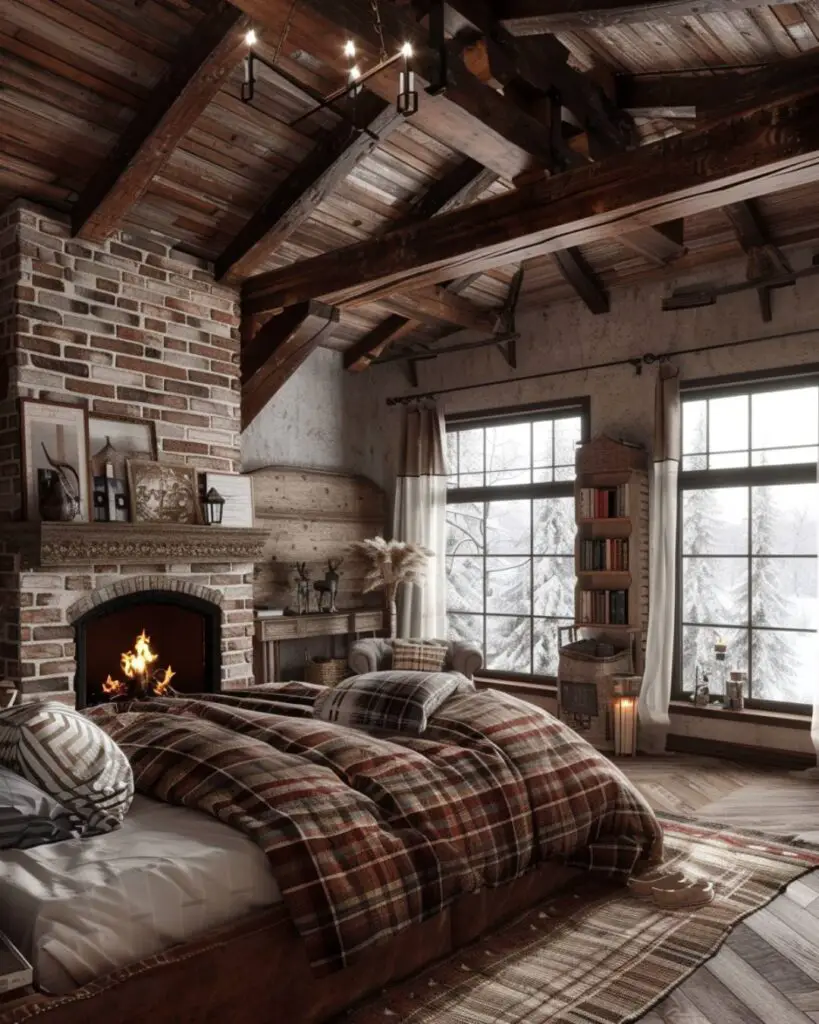 Cozy bedroom features stone fireplace and restful furnishings.