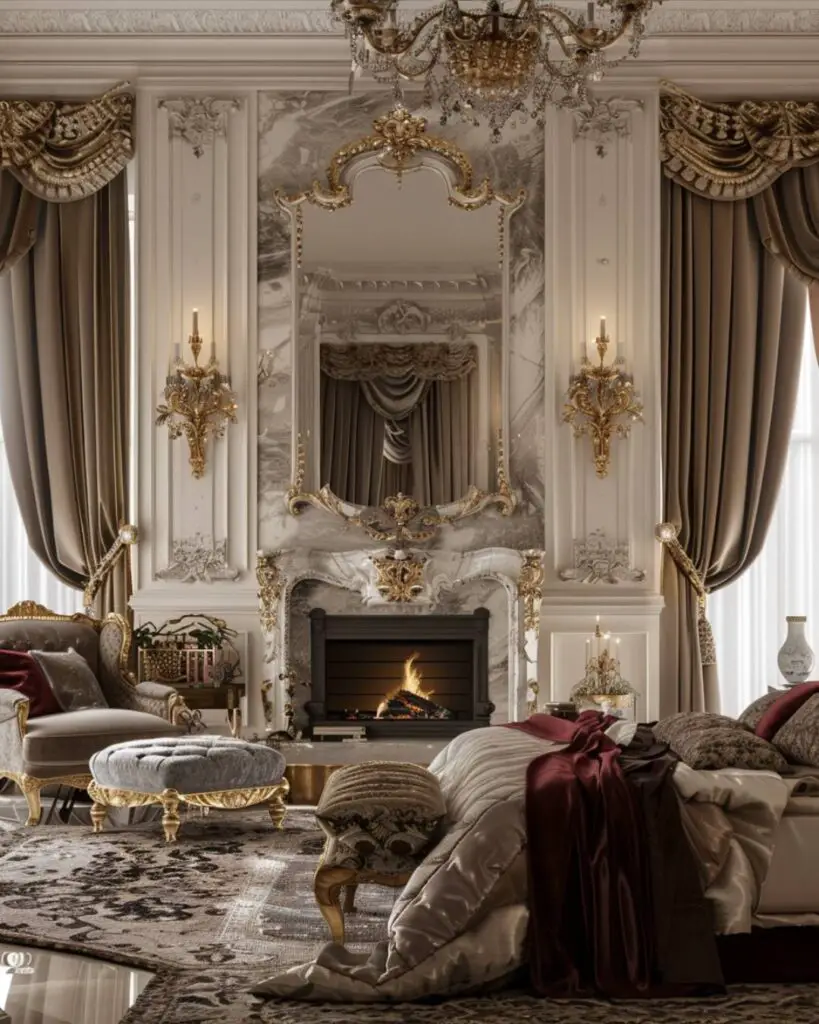 Opulent bedroom invites near ornate arched fireplace.