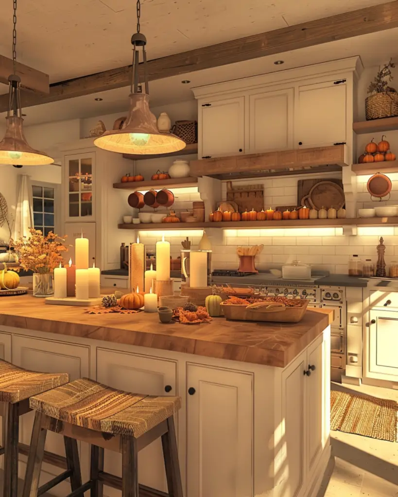 Cozy kitchen features rustic table and seasonal accents.
