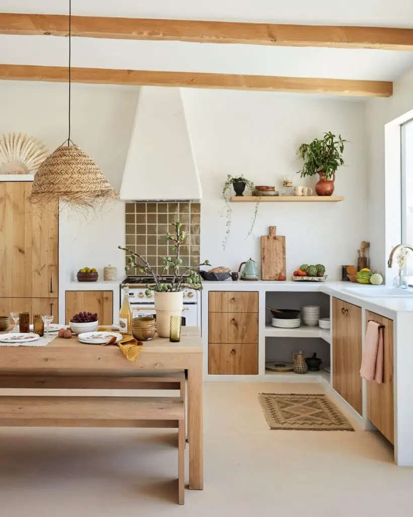 Bright kitchen with wooden elements woven lamp and plants