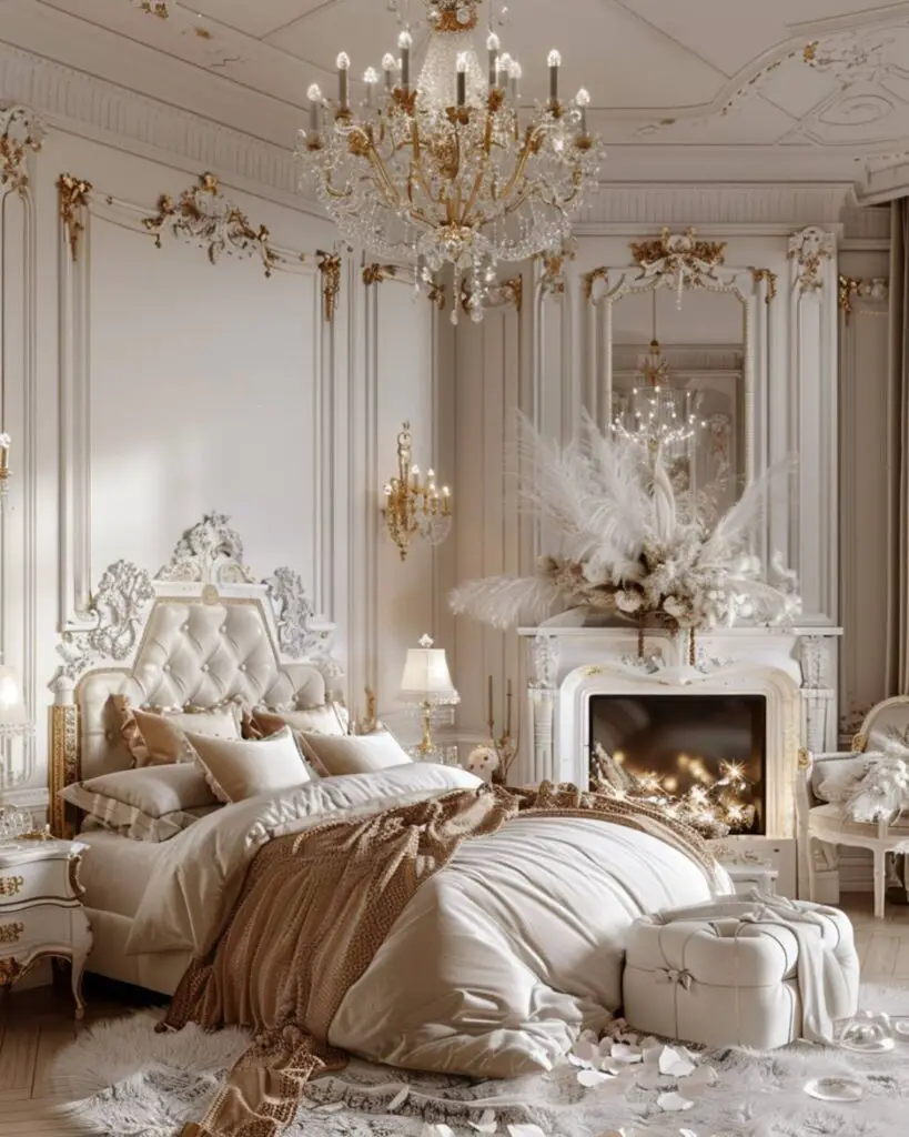Luxurious fireplace bedroom features gold and white decor.