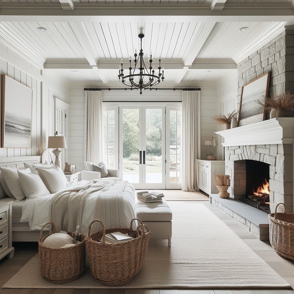 Spacious white bedroom with stone fireplace and French doors