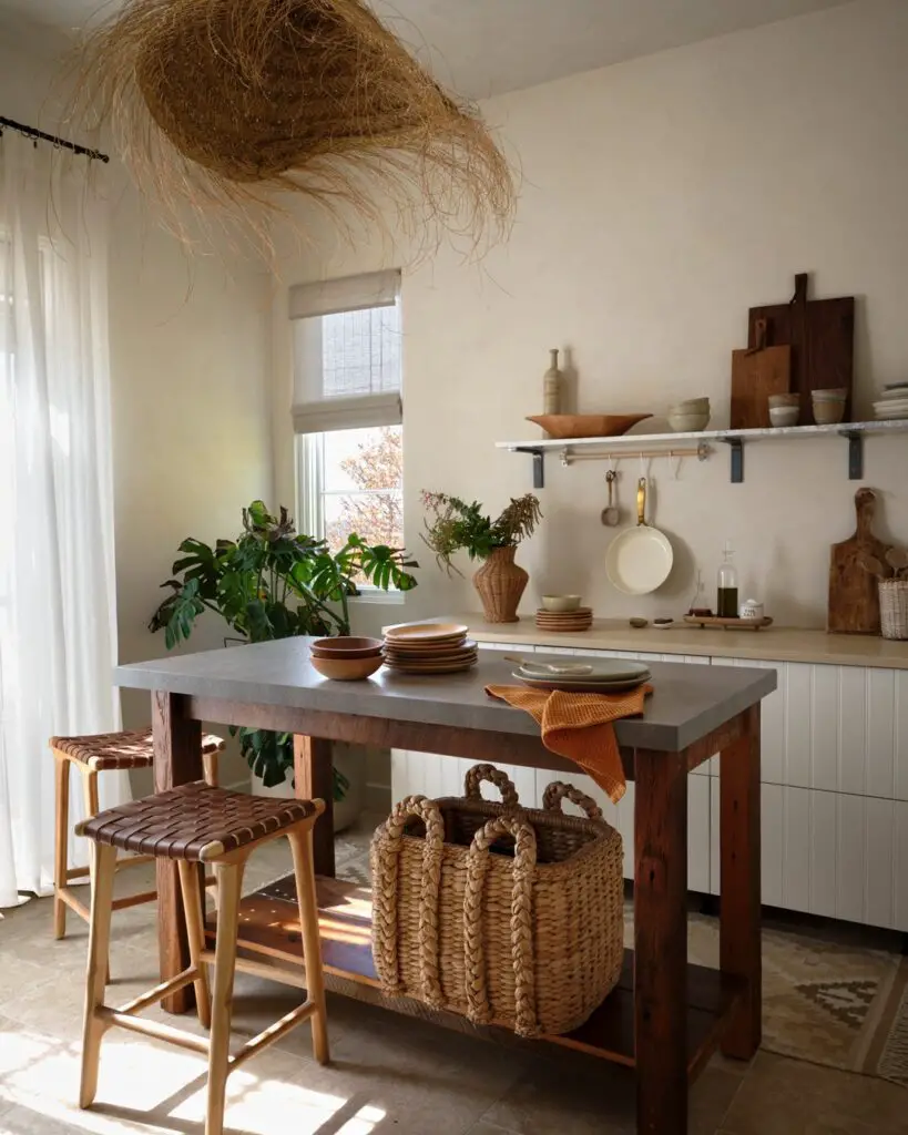Rustic kitchen with wooden table straw decor and plants