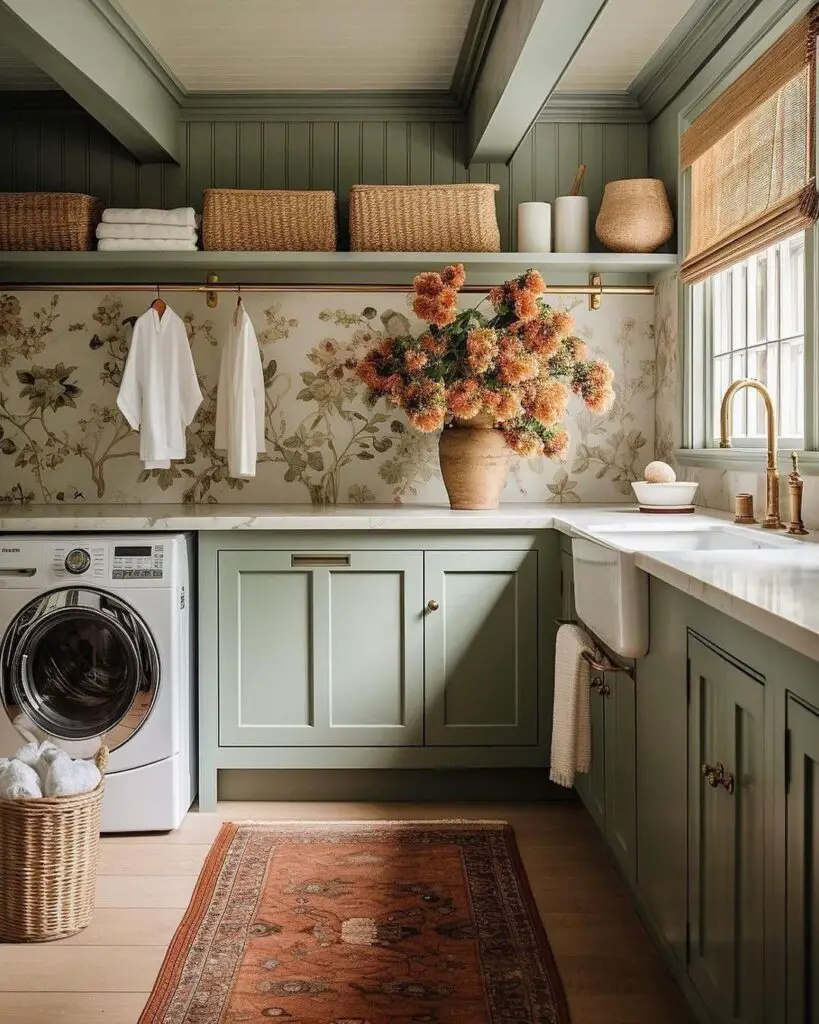 Green laundry room with floral wallpaper and orange flowers