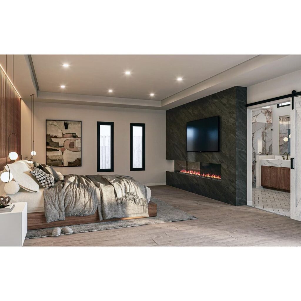  Stylish bedroom with fireplace TV wall and bathroom