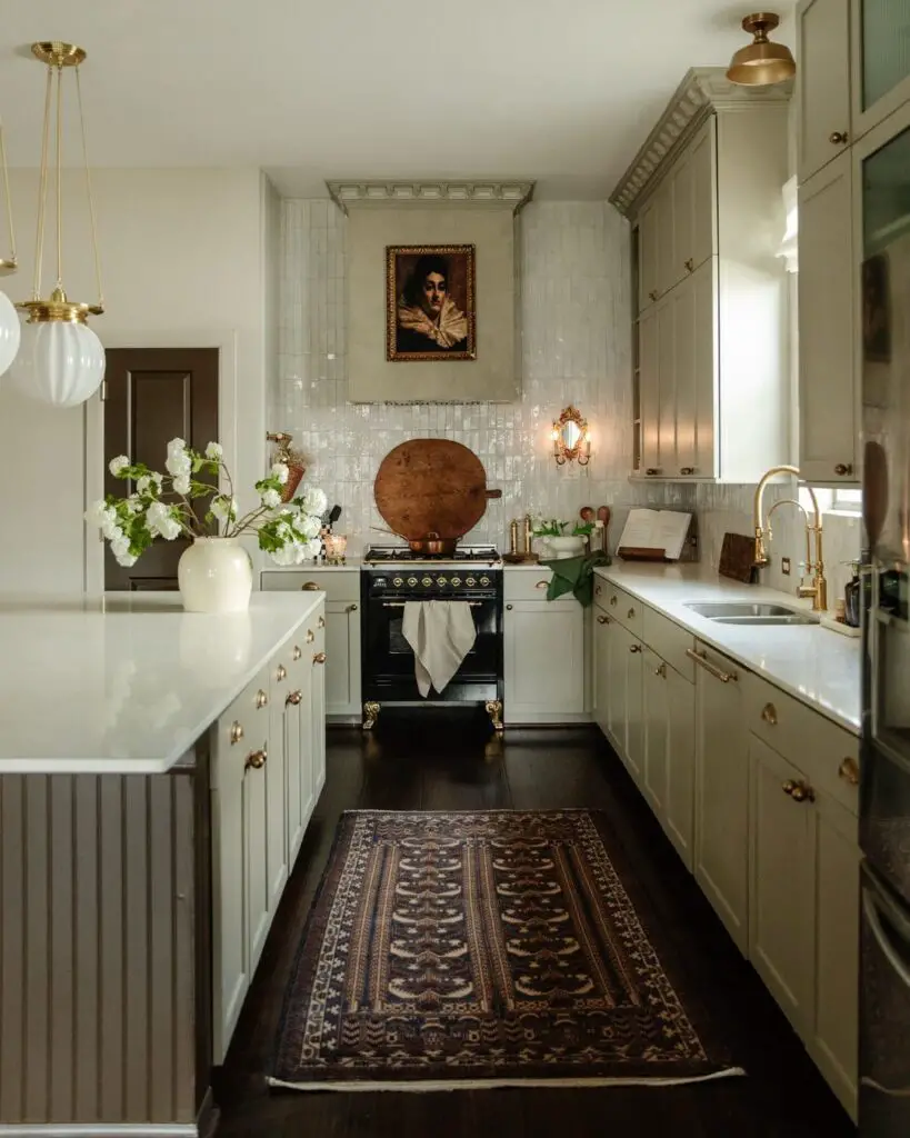 Refined kitchen with white cabinets black stove and ornate rug
