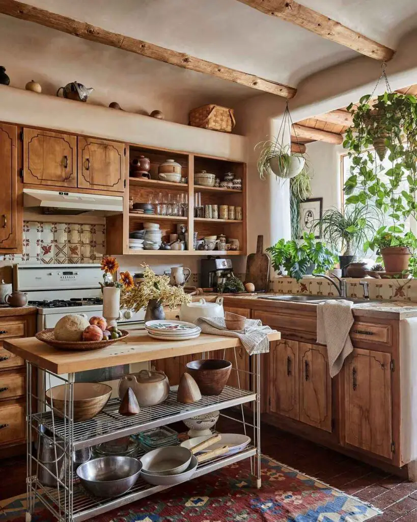 Warm rustic kitchen with wooden cabinets plants and farmhouse decor