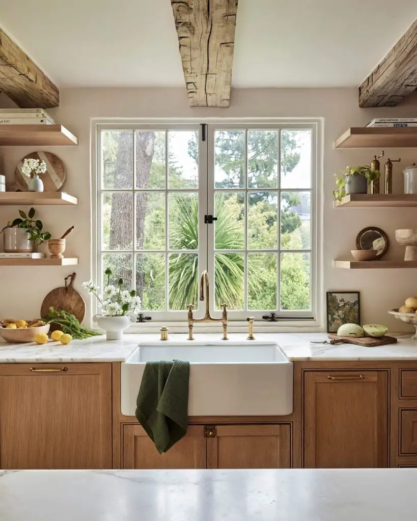 Kitchen with farmhouse sink large window and wooden open shelving